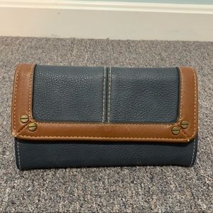 Navy and brown folding wallet